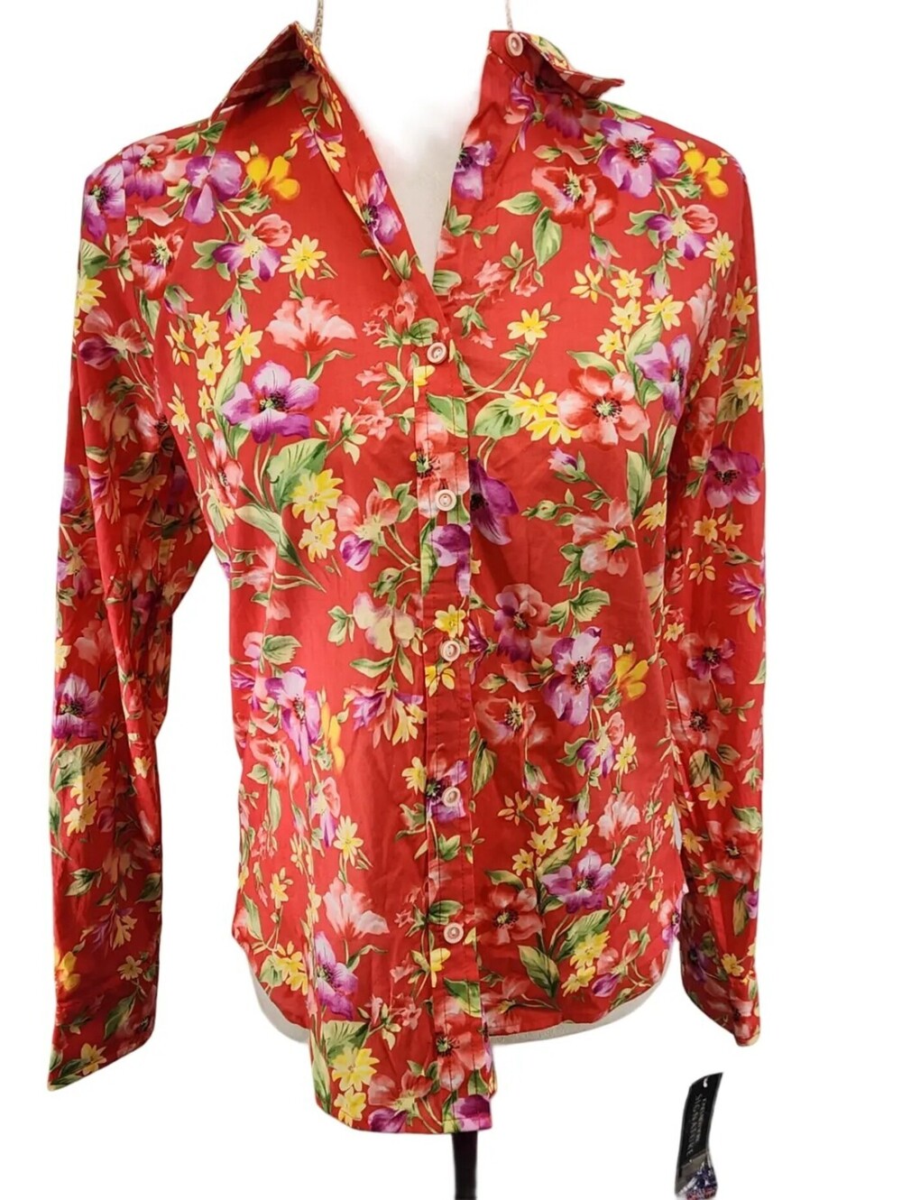 Jones New York Floral Striped Trim Button Down PM